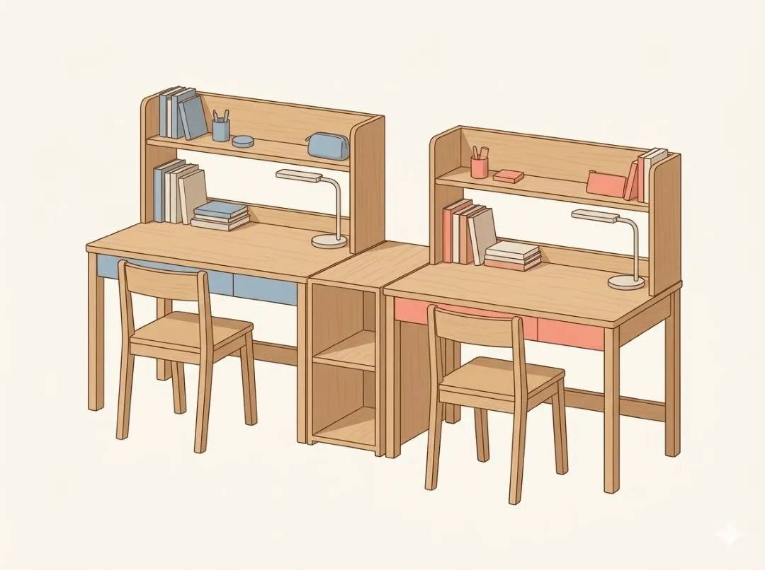 兄弟で並んで使えるセパレート型ツインデスクのイラスト