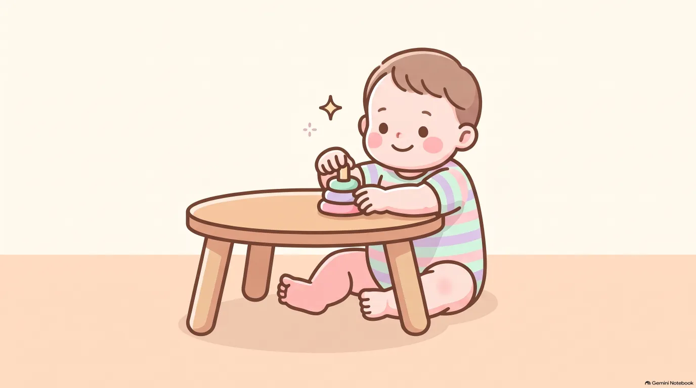 キッズテーブルにあるおもちゃで遊ぶ可愛い赤ちゃん