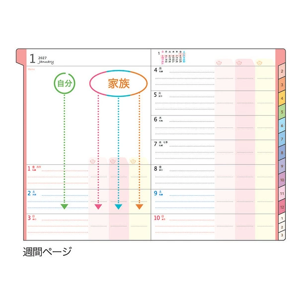 クツワ 家族手帳 B6 週間ページ 自分と家族の書き分け