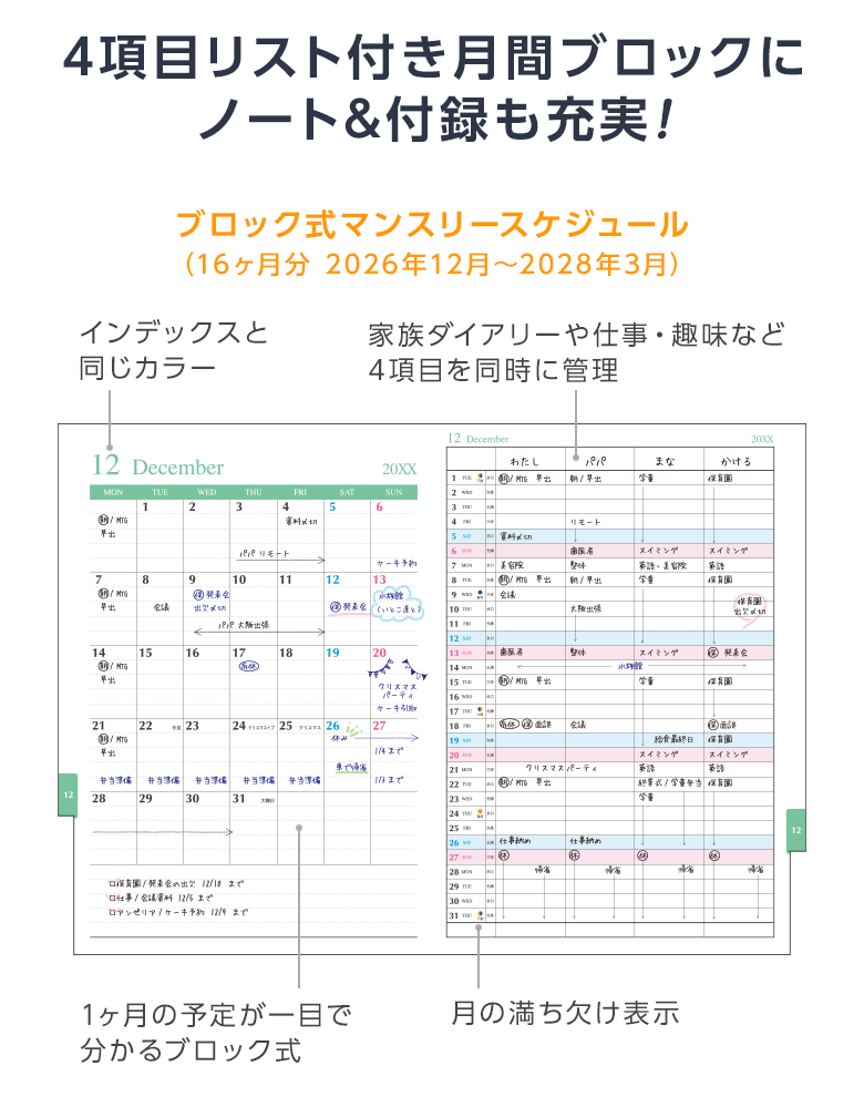 フォープランダイアリー 4項目リスト付き月間ブロック