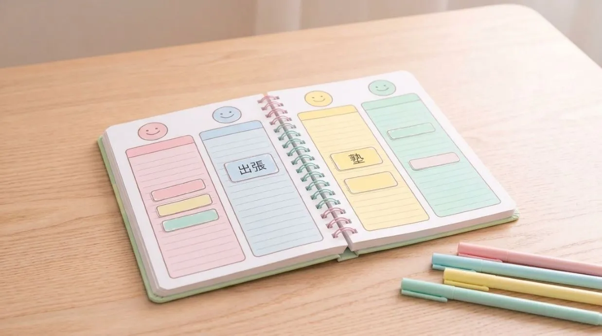 家族4人分の予定を色分けして書き分けられる家族手帳のイメージ