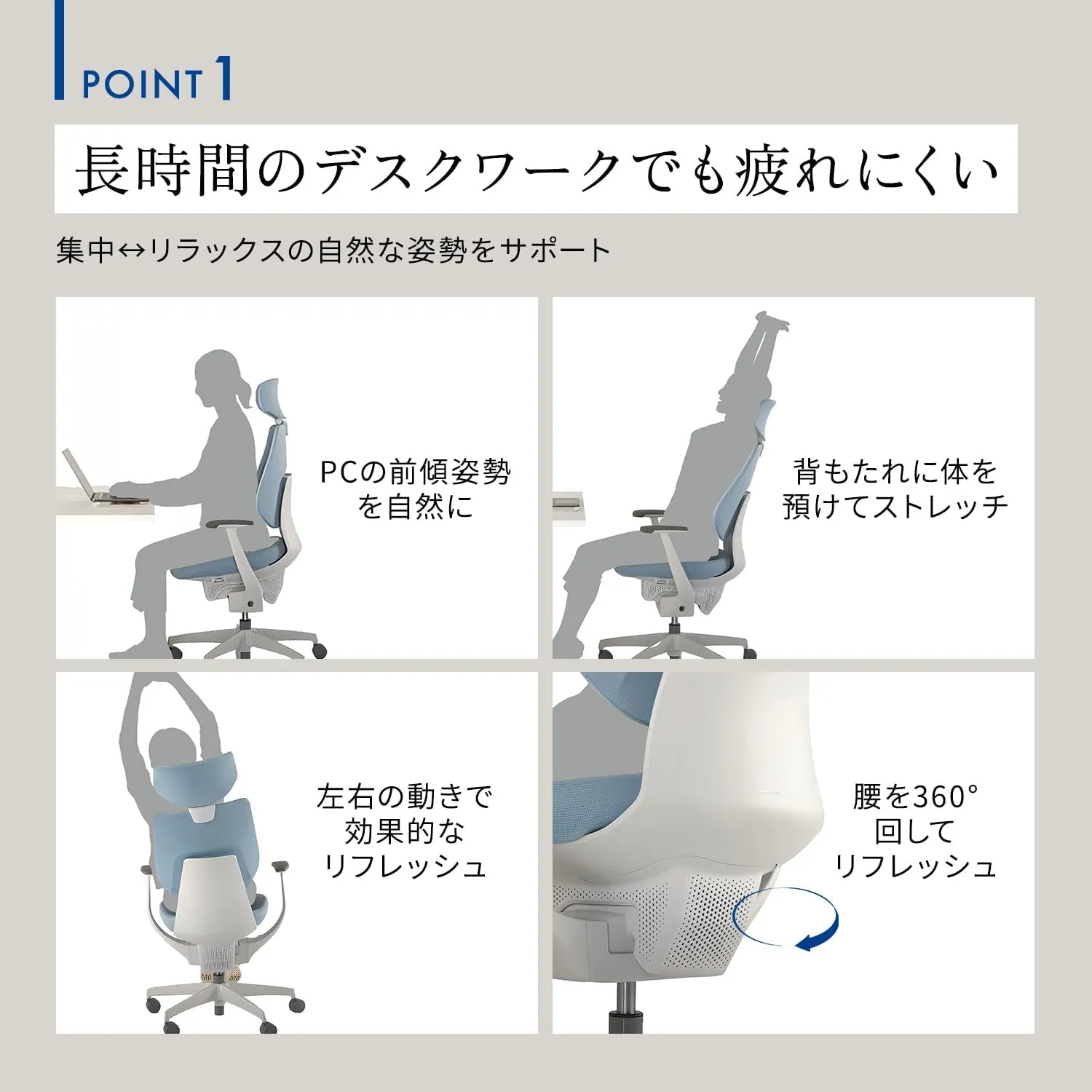 コクヨ ing POINT1 長時間のデスクワークでも疲れにくい 集中とリラックスの自然な姿勢をサポート