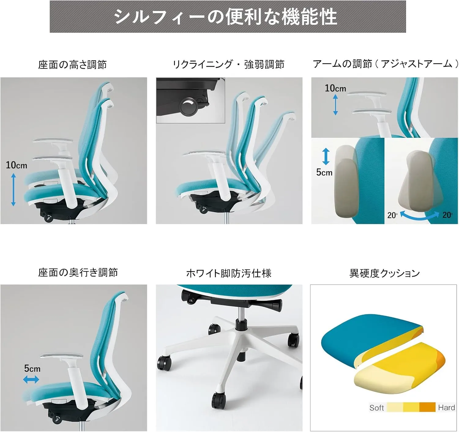 オカムラ シルフィーの便利な機能性 座面高さ・リクライニング・アーム・奥行き調節、異硬度クッション