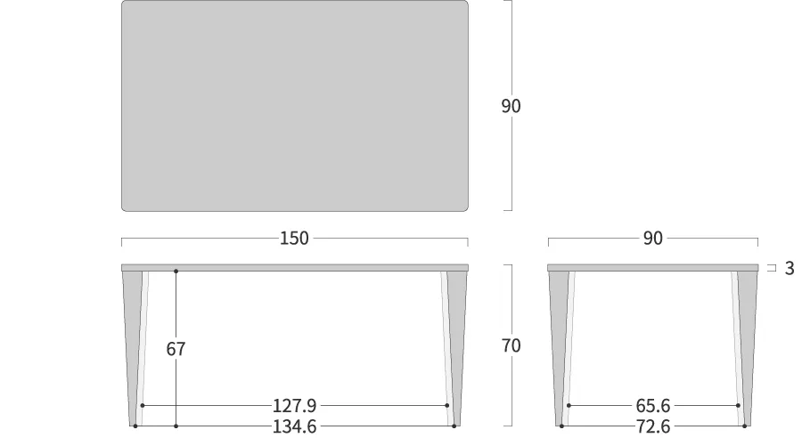侭ダイニング 幅150×奥行90×高さ70cm 寸法図