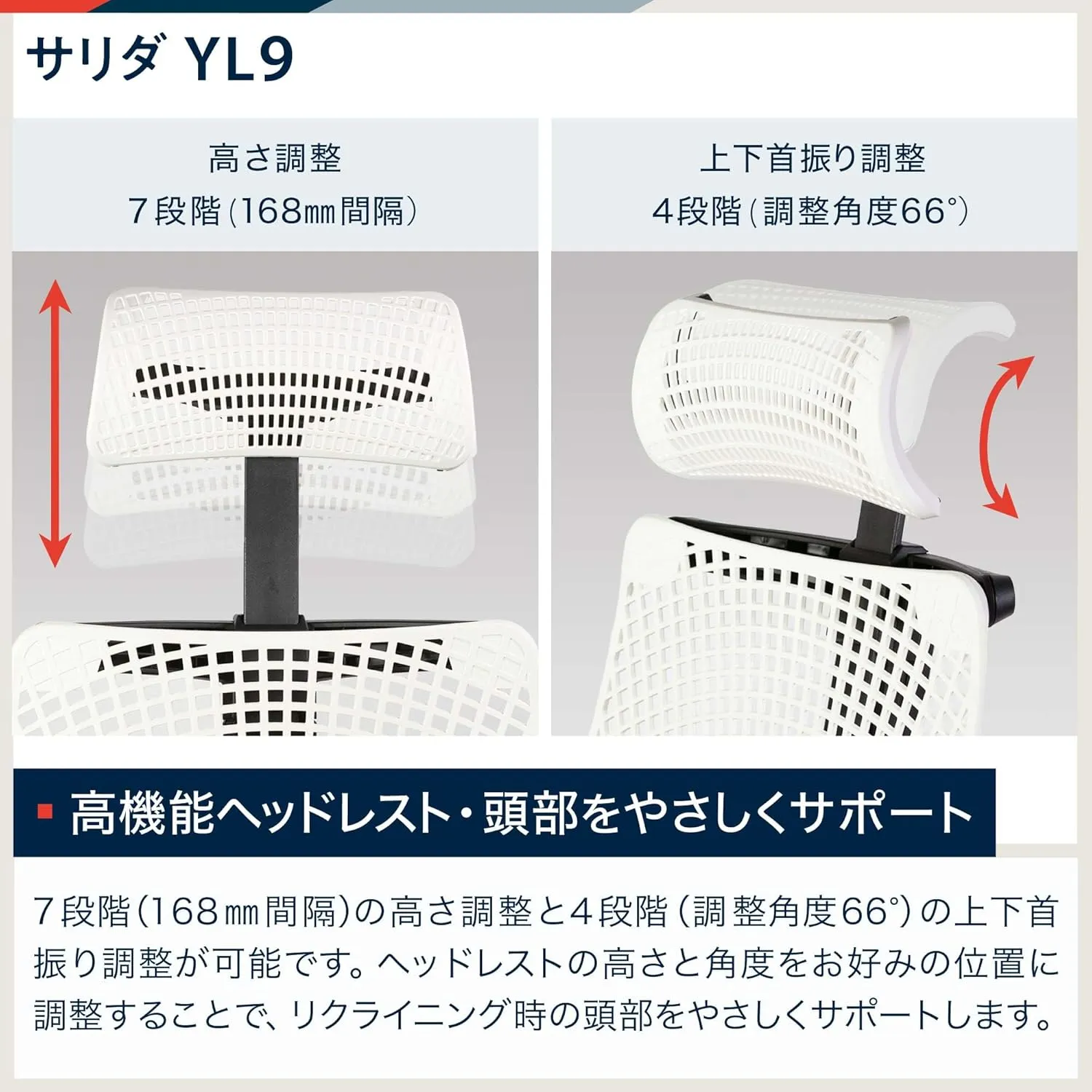 サリダYL9 ヘッドレスト高さ7段階・上下首振り4段階調整