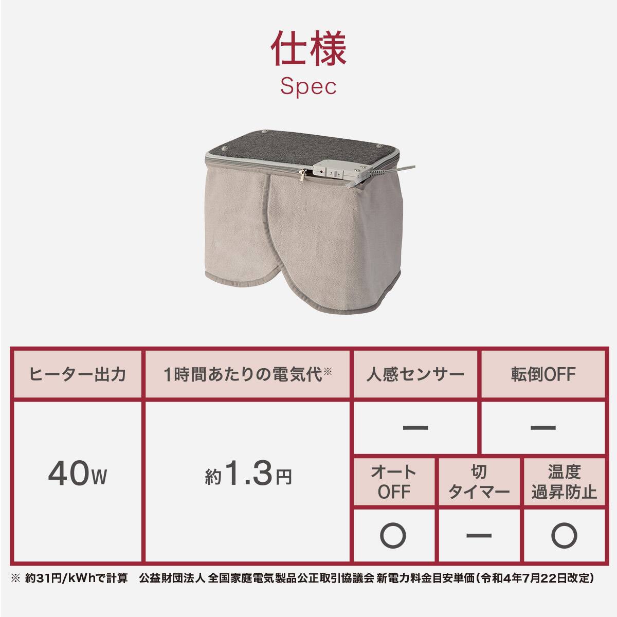 ニトリ 足もとデスクヒーター HH01 仕様 ヒーター出力40W 1時間あたりの電気代約1.3円 オートOFF 温度過昇防止