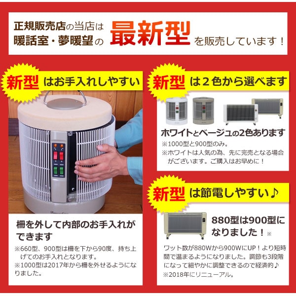 暖話室1000型 新型は柵を外してお手入れできる・2色から選べる